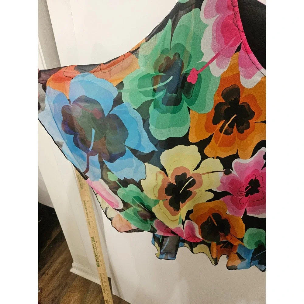 Milano Woman Floral Chiffon Blouse 2X Multi Color‎ Hibiscus Flutter Sleeve Top